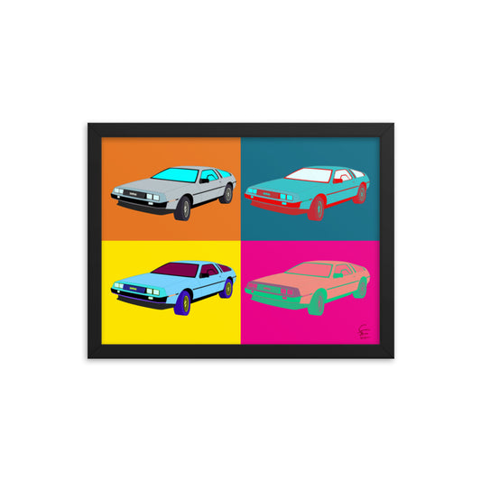 An Andy warhol inspired piece of art with a black frame. The image is a rectangle that is equally split into four sections. Each section contains a DeLorean motor car that is parked diagonally with the front facing the viewer. Each section and DeLorean are different colours.