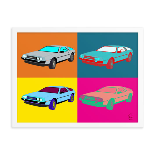 An Andy warhol inspired piece of art with a white frame. The image is a rectangle that is equally split into four sections. Each section contains a DeLorean motor car that is parked diagonally with the front facing the viewer. Each section and DeLorean are different colours. 