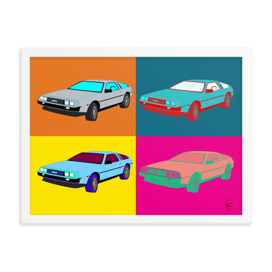An Andy warhol inspired piece of art with a white frame. The image is a rectangle that is equally split into four sections. Each section contains a DeLorean motor car that is parked diagonally with the front facing the viewer. Each section and DeLorean are different colours.