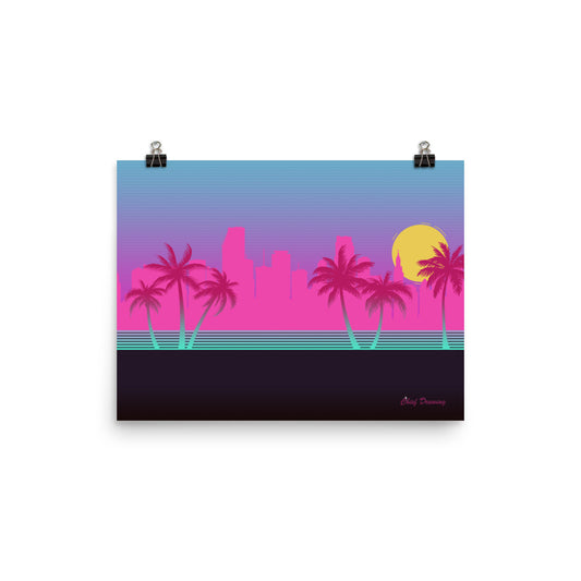 A rectangular poster of Miami. The skyline is brightly coloured in neon pinks and blues. The palm trees frame the image on both sides.