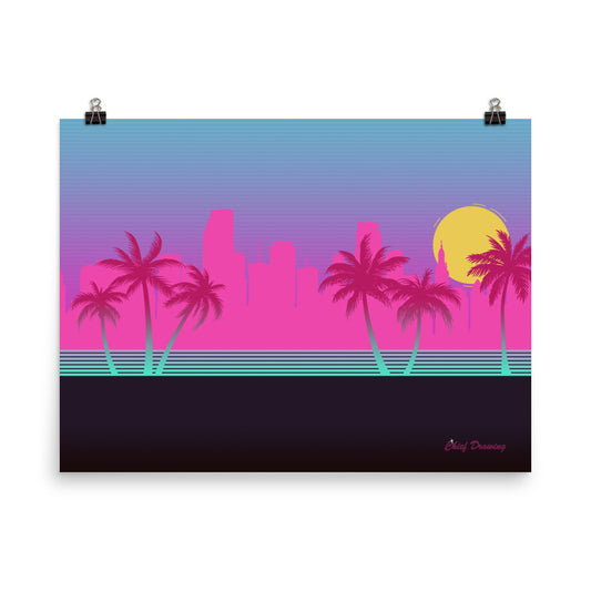 A rectangular poster of Miami. The skyline is brightly coloured in neon pinks and blues. The palm trees frame the image on both sides.