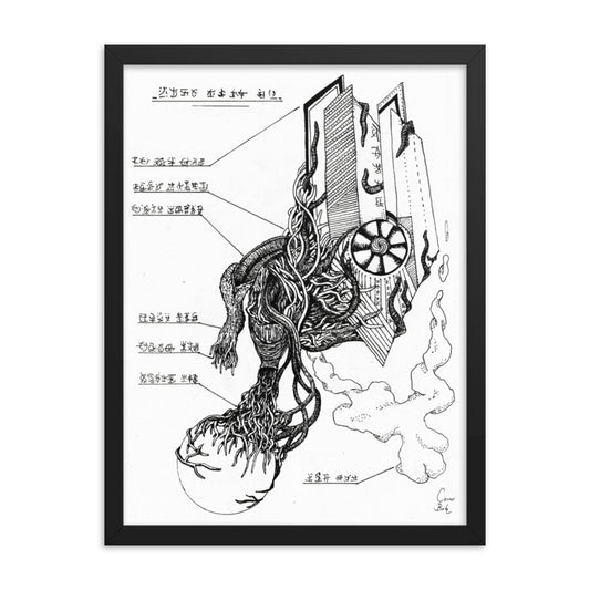 A fineliner black and white drawing of an alien parasite located in space. It is attacking a giant geometric alien spaceship called a multi-gravatonic swarm devastator. The picture is alive with fine details. The parasite is swarming with what looks like tentacles and tendrils. The drawing comes with a black frame. Each part of the creature is also labelled like a textbook in an alien dialect.