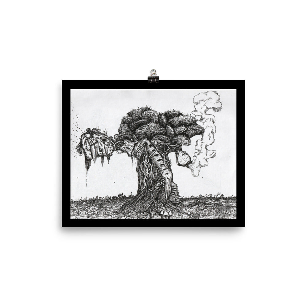 A black framed print of the Tree of life. A giant fungal mass of spores, mushrooms, tendrils, and organic living matter. The ground in the picture is filled with mushroom based flora. The image is very very detailed and is in black and white. Drawn with fineliners.