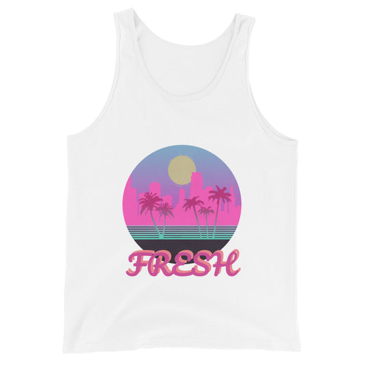 A white tank top/vest with a logo on the front centre. It is a round logo of the Miami skyline. Palm trees frame the image. Fresh is sprawled across the front bottom of the logo