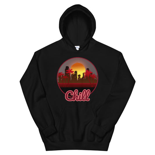 A black hoodie with a logo on the front centre. It is a round logo of post apocalyptic Miami. Palm trees frame the image. Chill is sprawled across the front bottom of the logo