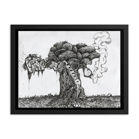 A black framed print of the Tree of life. A giant fungal mass of spores, mushrooms, tendrils, and organic living matter. The ground in the picture is filled with mushroom based flora. The image is very very detailed and is in black and white. Drawn with fineliners.