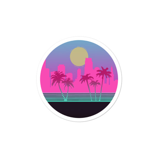 A round sticker with a cartoonised version of the Miami skyline. The colour palette is neon pinks and blues to represent the 80s. Palm trees frame the sticker