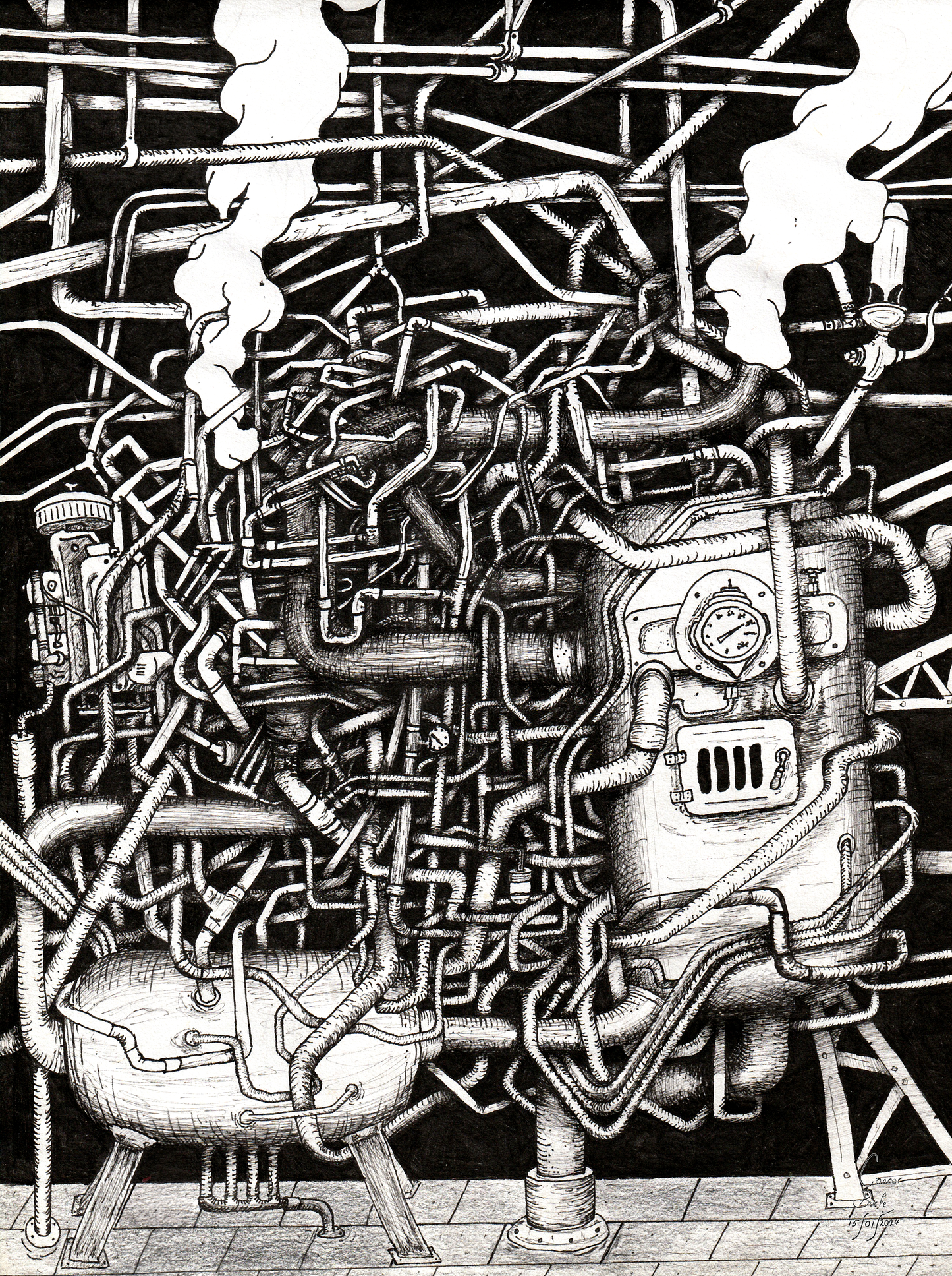 A rectangle canvas with a black and white ink drawing. The drawing depicts an amalgamation of pipes and boilers, and smoke in a dimly lit room. It is abstract in design and contains very high levels of intricate details and shading. 