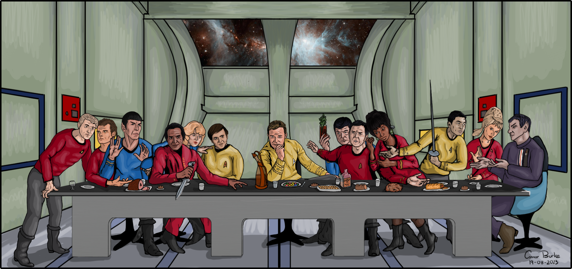 A rectangle image that depicts The Last Supper painting by Michelangelo but done in cartoon style with the crew and cast of Star Trek the Original series depicted as the apostles and Jesus