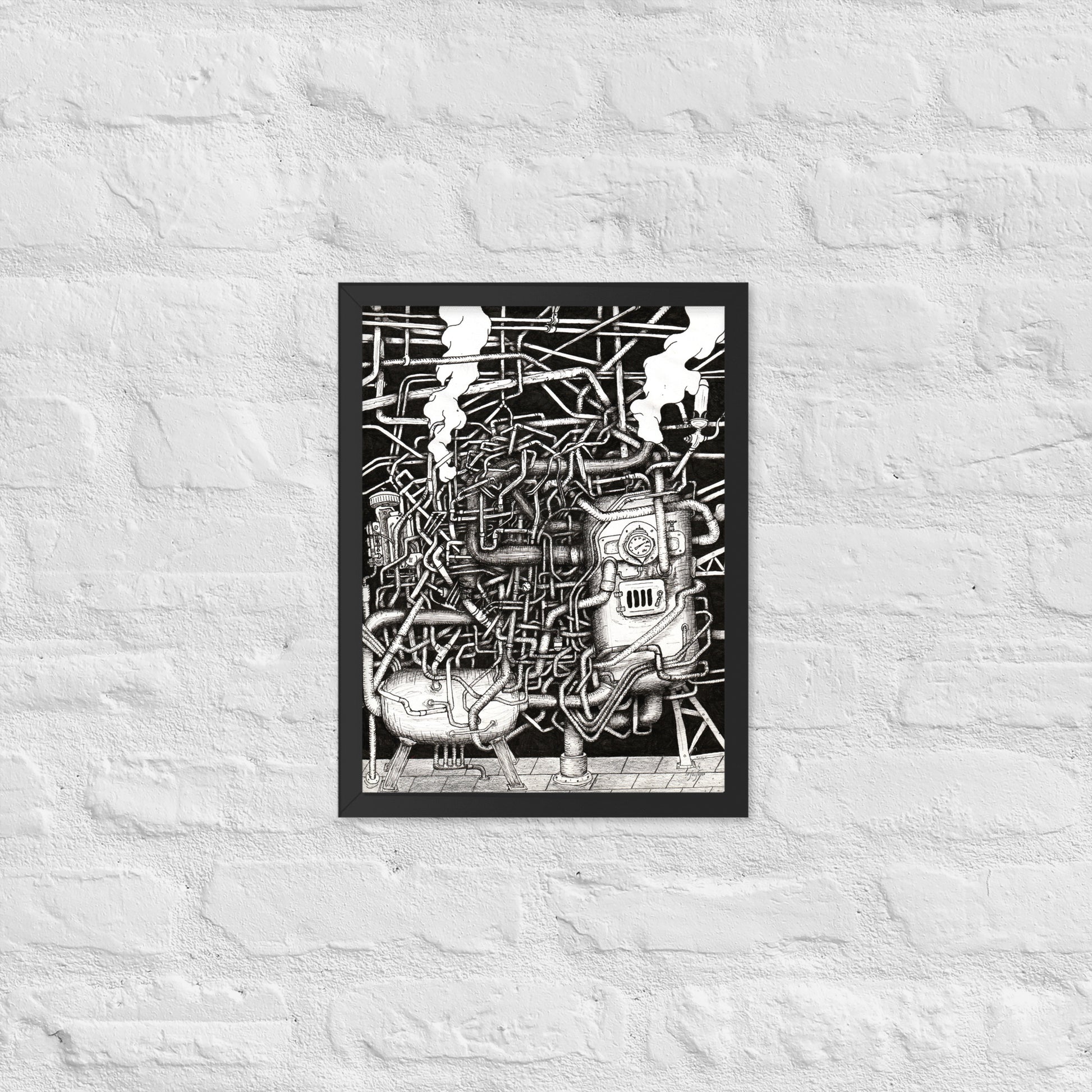 A black framed rectangle canvas with a black and white ink drawing. The drawing depicts an amalgamation of pipes and boilers, and smoke in a dimly lit room. It is abstract in design and contains very high levels of intricate details and shading. The canvas hangs on a white brick wall