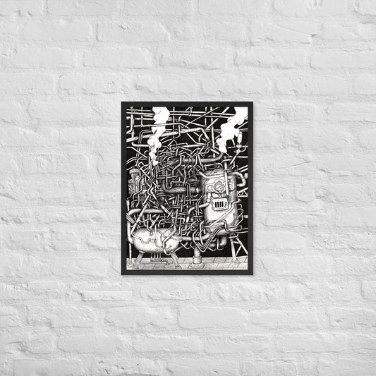 A black framed rectangle canvas with a black and white ink drawing. The drawing depicts an amalgamation of pipes and boilers, and smoke in a dimly lit room. It is abstract in design and contains very high levels of intricate details and shading. The canvas hangs on a white brick wall