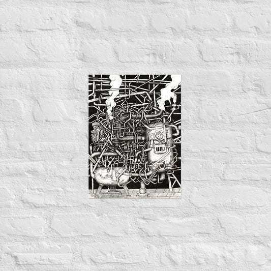 A rectangle canvas with a black and white ink drawing. The drawing depicts an amalgamation of pipes and boilers, and smoke in a dimly lit room. It is abstract in design and contains very high levels of intricate details and shading. The canvas hangs on a white brick wall