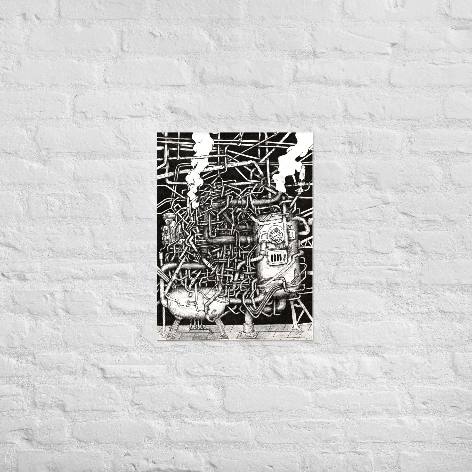 A rectangle canvas with a black and white ink drawing. The drawing depicts an amalgamation of pipes and boilers, and smoke in a dimly lit room. It is abstract in design and contains very high levels of intricate details and shading. The canvas hangs on a white brick wall