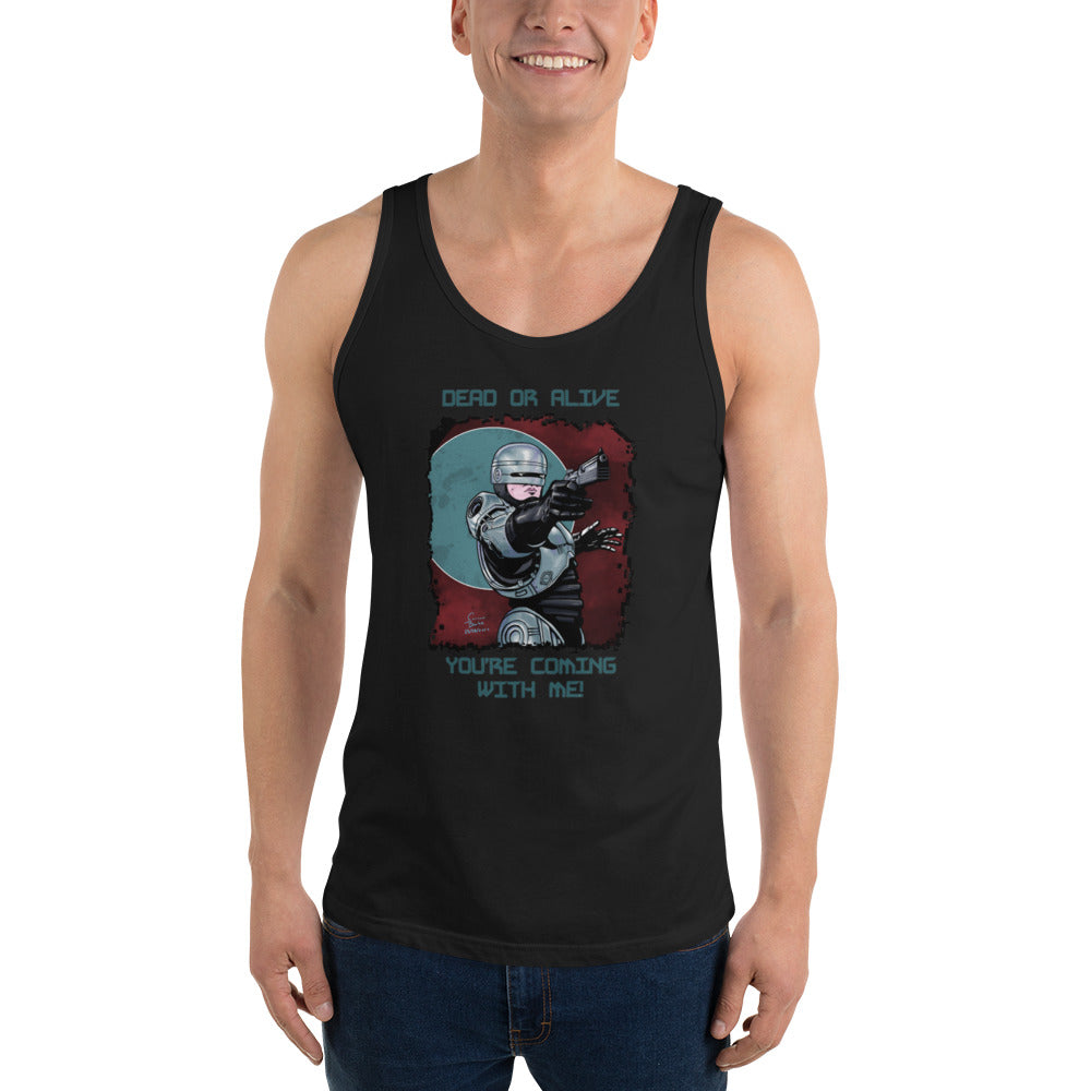 A white male poses casually with a black tank top with a portrait front centre containing a digital illustration of Alex Murphy, Robocop from the original 1987 movie. He is posed with his gun facing the top right and has a cloudy red background with a blue circle encapsulating his upper half. "DEAD OR ALIVE YOU'RE COMING WITH ME" is written in blue block text above and below the image