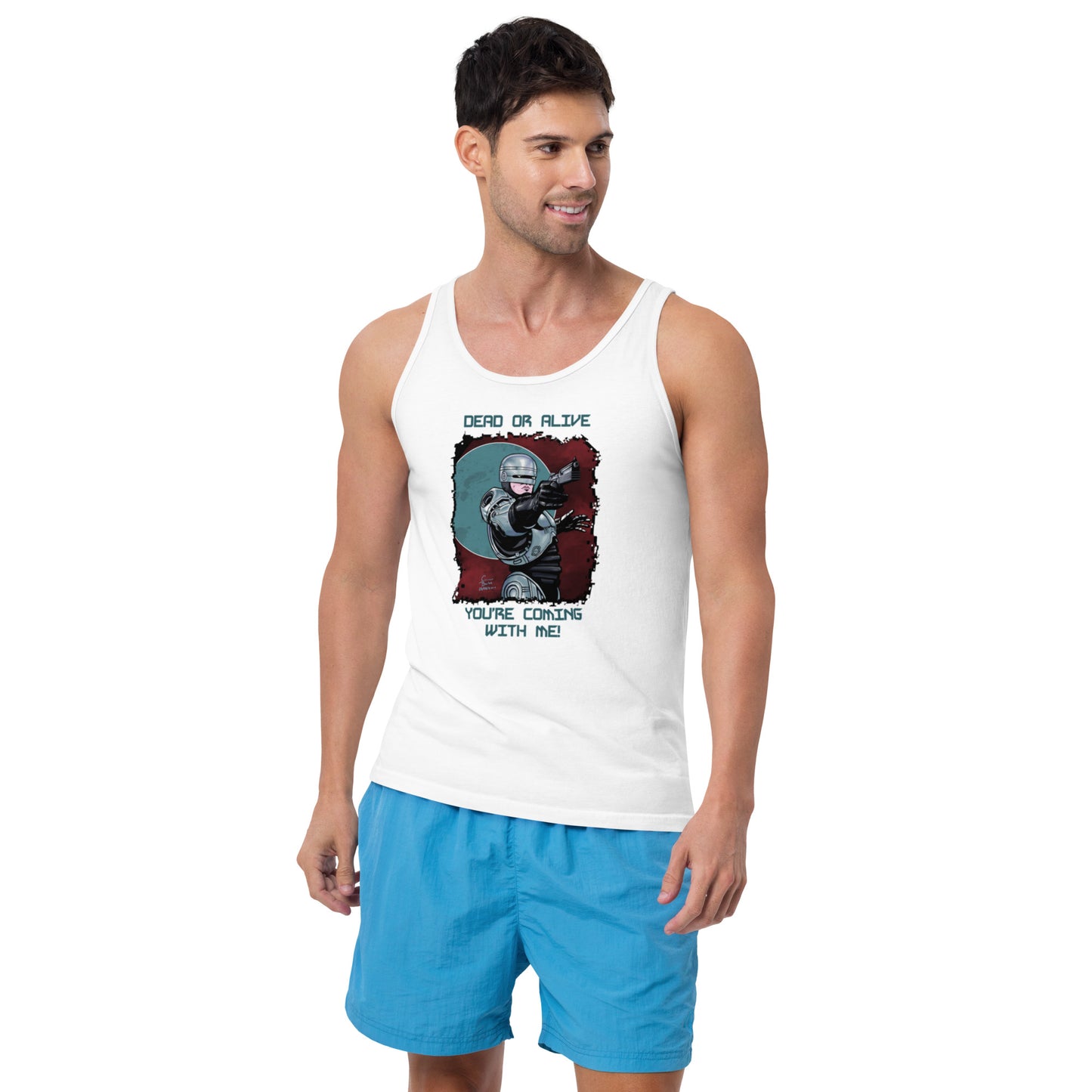 A white male poses casually with a white tank top with a portrait front centre containing a digital illustration of Alex Murphy, Robocop from the original 1987 movie. He is posed with his gun facing the top right and has a cloudy red background with a blue circle encapsulating his upper half. "DEAD OR ALIVE YOU'RE COMING WITH ME" is written in blue block text above and below the image