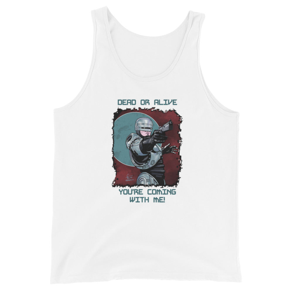 A white tank top with a portrait front centre containing a digital illustration of Alex Murphy, Robocop from the original 1987 movie. He is posed with his gun facing the top right and has a cloudy red background with a blue circle encapsulating his upper half. "DEAD OR ALIVE YOU'RE COMING WITH ME" is written in blue block text above and below the image