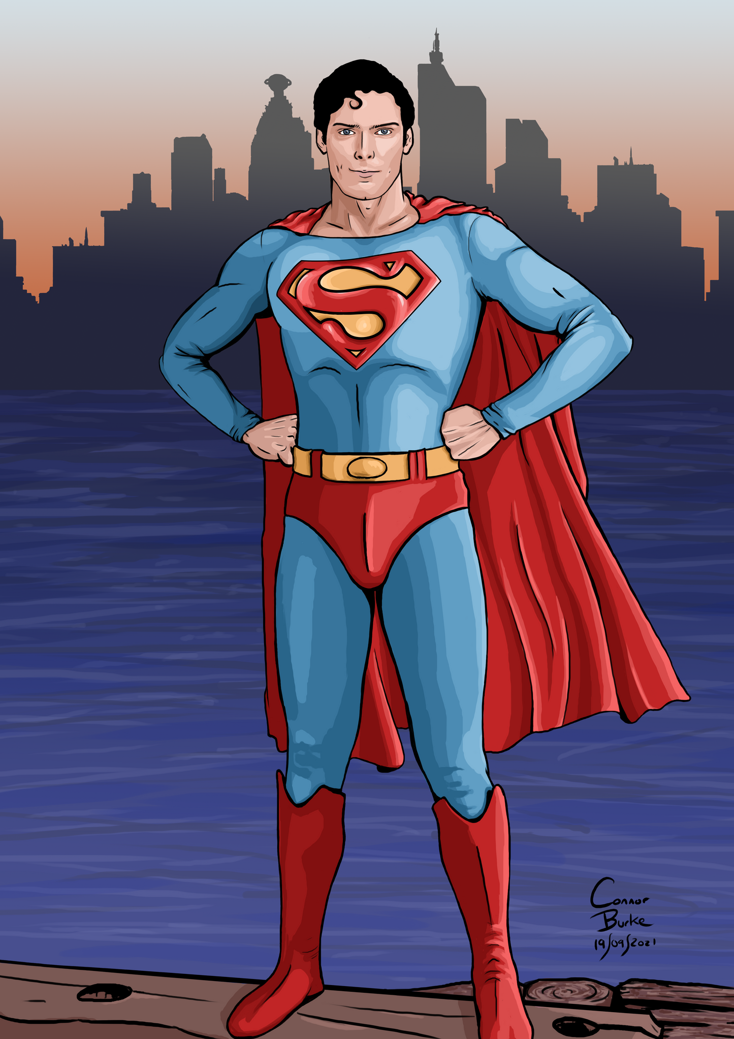 Semi realistic caricature of Christopher Reeve Superman standing on a dock with Metropolis in the background. 