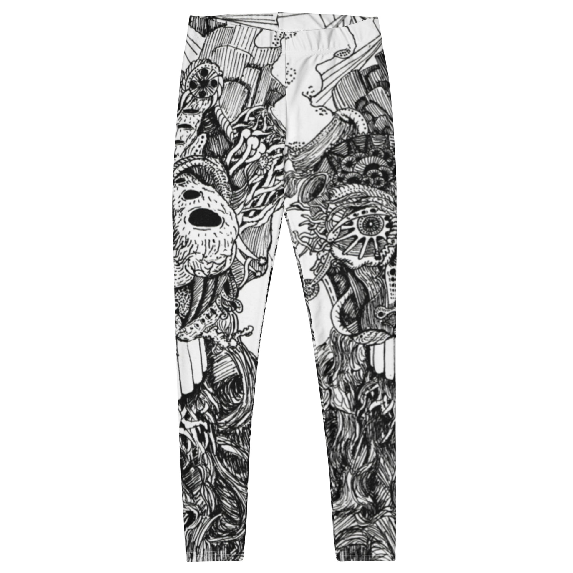 White Leggings with black linework on them of an alien creature. The linework is extensive and contains a lot of detail