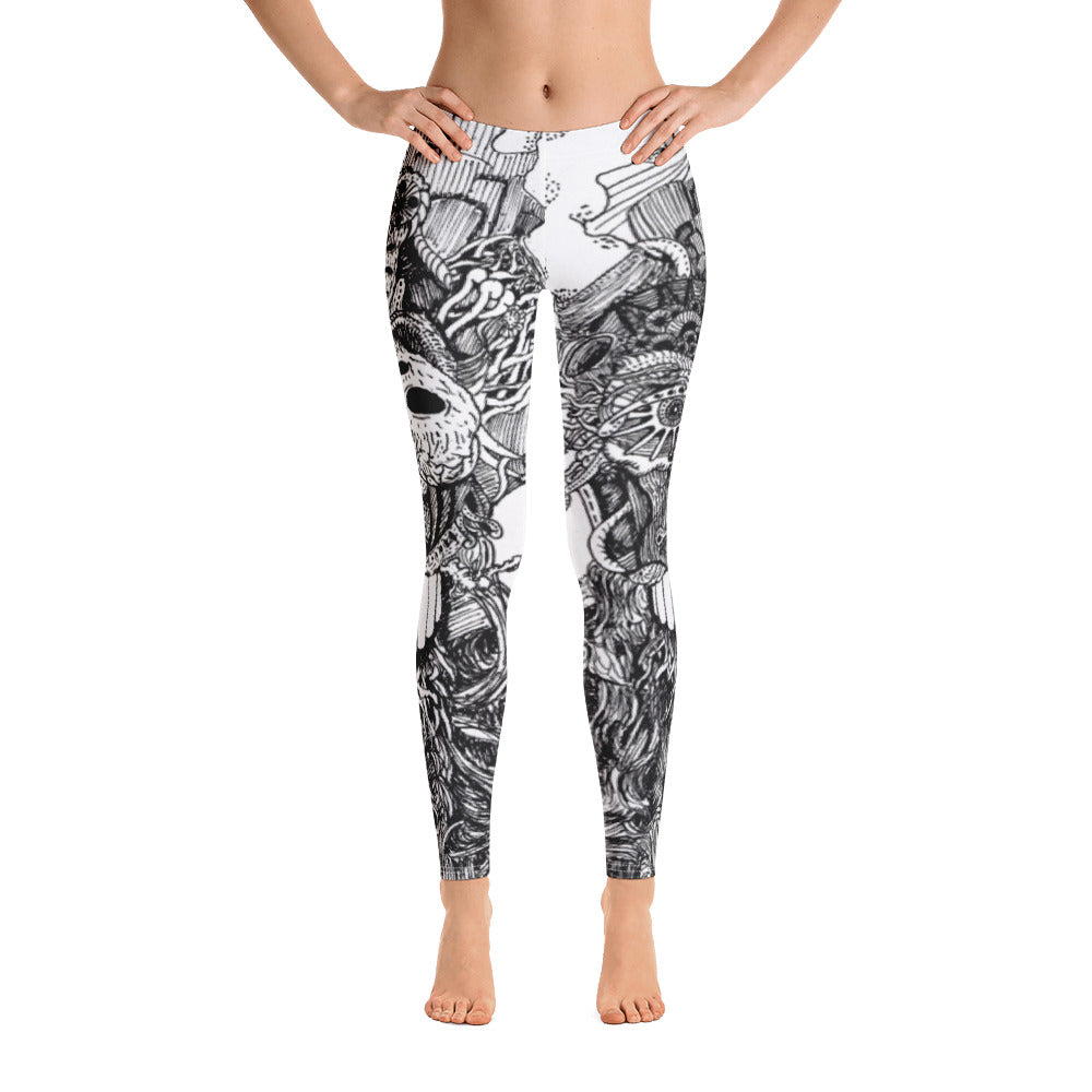 White Leggings with black linework on them of an alien creature. The linework is extensive and contains a lot of detail