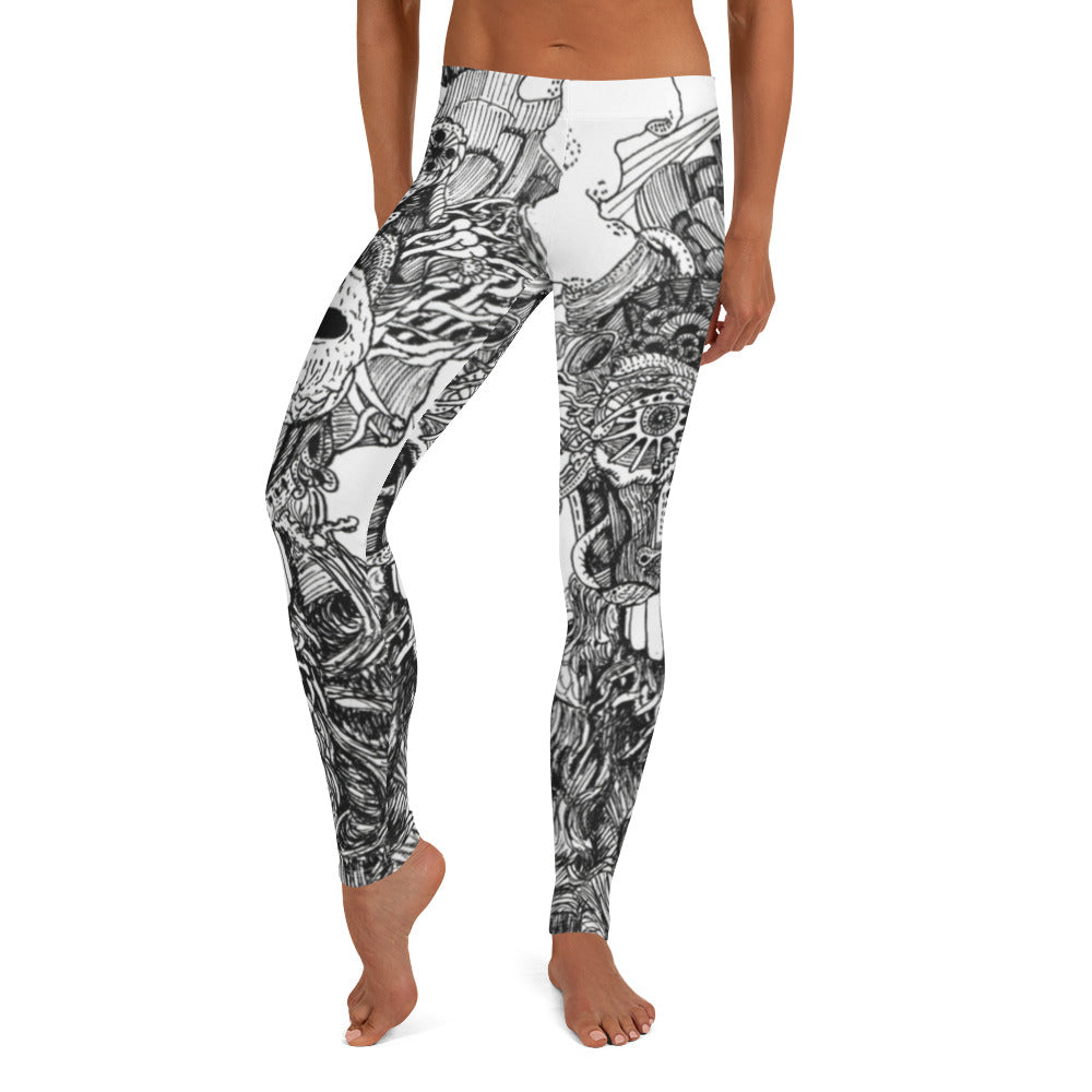 White Leggings with black linework on them of an alien creature. The linework is extensive and contains a lot of detail. the creature is a mass of tubes and tentacles or tendrils and looks very abstract.