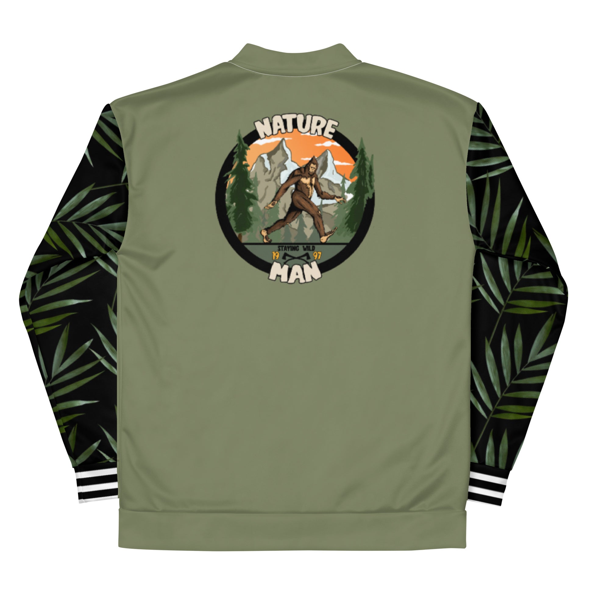 Back side view of the muted green bomber jacket with a Sasquatch logo on the back centre. Black arms with green palm leafs on them with white stripes on the cuffs. Logo is of big foot in front of some mountains and trees with "Nature Man, Staying wild 1997" written on it