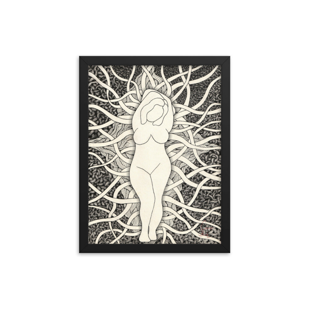 A Black framed print. It is of an abstract shape of a voluptuous woman. Behind the woman there is countless amounts of tendrils and muscle like fibers. The drawing is black and white and has intense amounts of detail.