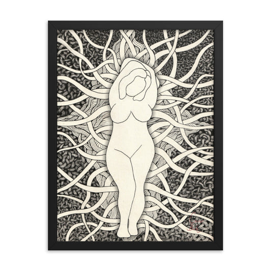 A Black framed print. It is of an abstract shape of a voluptuous woman. Behind the woman there is countless amounts of tendrils and muscle like fibers. The drawing is black and white and has intense amounts of detail.
