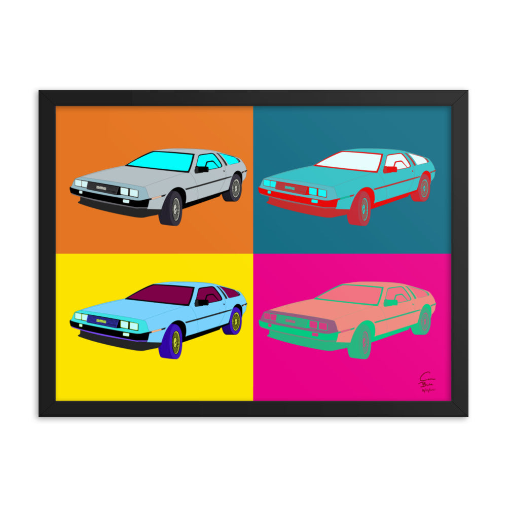 An Andy warhol inspired piece of art with a black frame. The image is a rectangle that is equally split into four sections. Each section contains a DeLorean motor car that is parked diagonally with the front facing the viewer. Each section and DeLorean are different colours.
