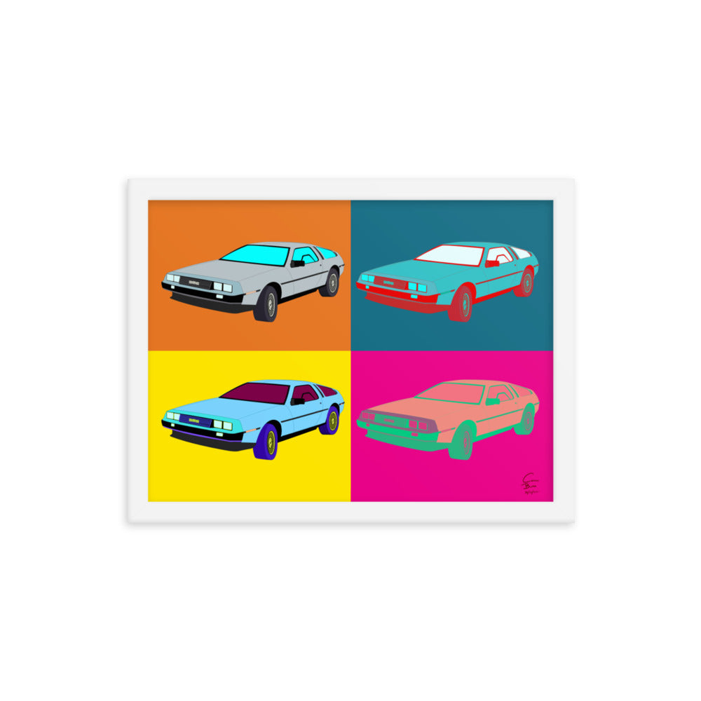 An Andy warhol inspired piece of art with a white frame. The image is a rectangle that is equally split into four sections. Each section contains a DeLorean motor car that is parked diagonally with the front facing the viewer. Each section and DeLorean are different colours.