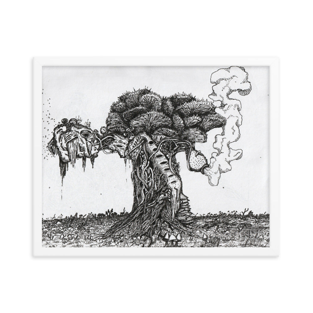 A white framed print of the Tree of life. A giant fungal mass of spores, mushrooms, tendrils, and organic living matter. The ground in the picture is filled with mushroom based flora. The image is very very detailed and is in black and white. Drawn with fineliners.