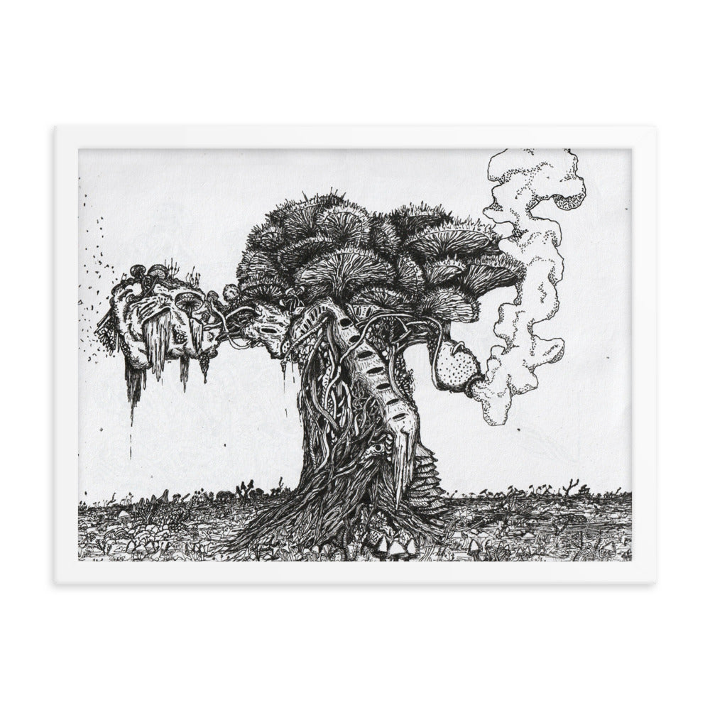 A white framed print of the Tree of life. A giant fungal mass of spores, mushrooms, tendrils, and organic living matter. The ground in the picture is filled with mushroom based flora. The image is very very detailed and is in black and white. Drawn with fineliners.