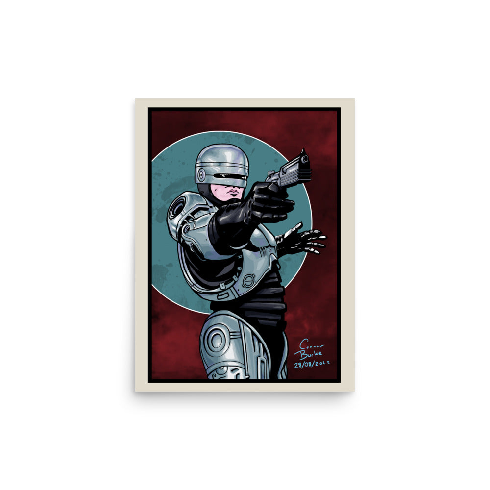 A portrait poster containing a digital illustration of Alex Murphy, Robocop from the original 1987 movie. He is posed with his gun facing the top right of the canvas and has a cloudy red background with a blue circle encapsulating his upper half. Black framing and a white border outside that.