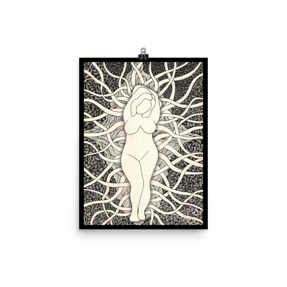 A Black framed print. It is of an abstract shape of a voluptuous woman. Behind the woman there is countless amounts of tendrils and muscle like fibers. The drawing is black and white and has intense amounts of detail.