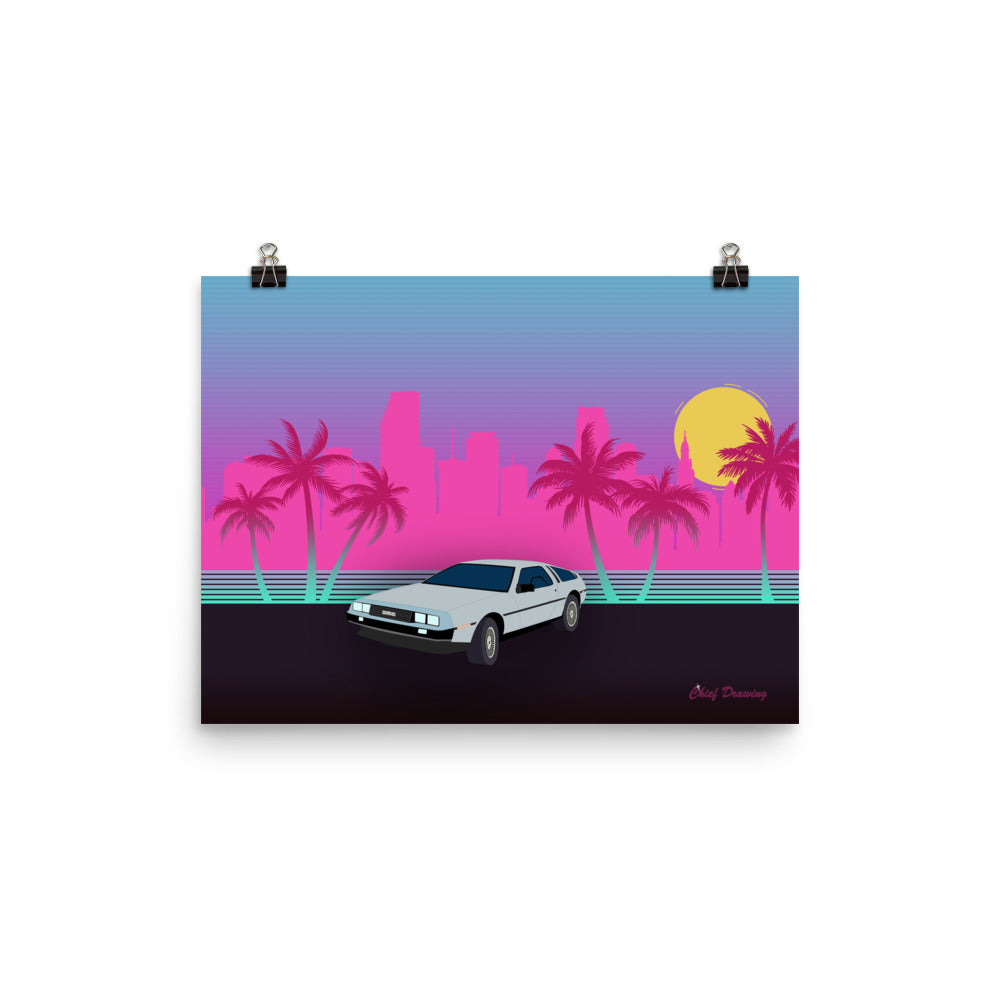 A rectangular poster of Miami. The skyline is brightly coloured in neon pinks and blues. The palm trees frame the image on both sides. An aluminium DeLorean with dark windows sits in the foreground of the image