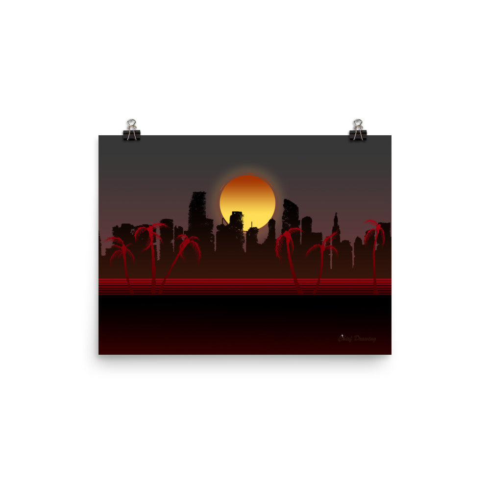 A rectangular poster of Miami. Miami has been devastated by a nuclear weapon, the sun is setting right behind the skeleton buildings. The palm trees frame the picture on each side. The colour pallet is full of rich reds and blacks