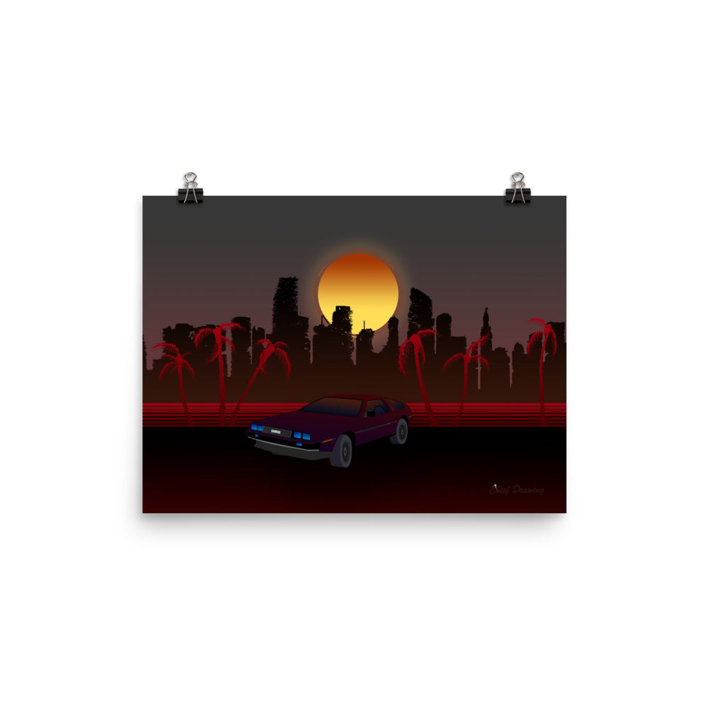 A rectangular poster of Miami. Miami has been devastated by a nuclear weapon, the sun is setting right behind the skeleton buildings. The palm trees frame the picture on each side. The colour pallet is full of rich reds and blacks. A dark purple DeLorean is centred in the foreground