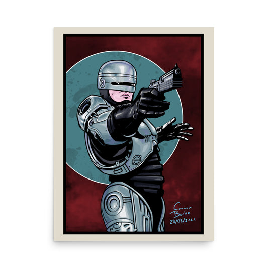 A portrait poster containing a digital illustration of Alex Murphy, Robocop from the original 1987 movie. He is posed with his gun facing the top right of the canvas and has a cloudy red background with a blue circle encapsulating his upper half. Black framing and a white border outside that. 