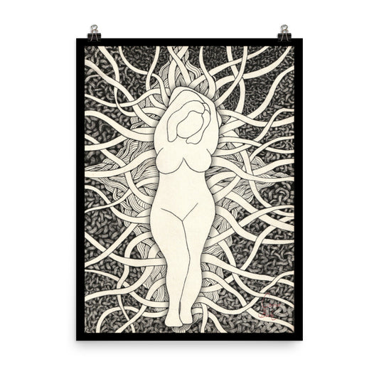 A Black framed print. It is of an abstract shape of a voluptuous woman. Behind the woman there is countless amounts of tendrils and muscle like fibers. The drawing is black and white and has intense amounts of detail.