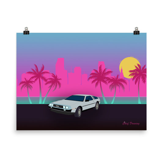 A rectangular poster of Miami. The skyline is brightly coloured in neon pinks and blues. The palm trees frame the image on both sides. An aluminium DeLorean with dark windows sits in the foreground of the image
