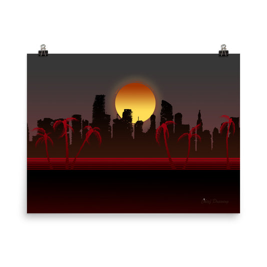 A rectangular poster of Miami. Miami has been devastated by a nuclear weapon, the sun is setting right behind the skeleton buildings. The palm trees frame the picture on each side. The colour pallet is full of rich reds and blacks