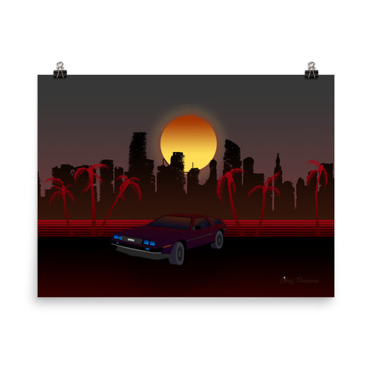 A rectangular poster of Miami. Miami has been devastated by a nuclear weapon, the sun is setting right behind the skeleton buildings. The palm trees frame the picture on each side. The colour pallet is full of rich reds and blacks. A dark purple DeLorean is centred in the foreground