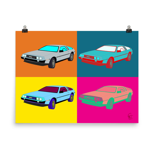 An Andy warhol inspired piece of art with no frame. The image is a rectangle that is equally split into four sections. Each section contains a DeLorean motor car that is parked diagonally with the front facing the viewer. Each section and DeLorean are different colours.