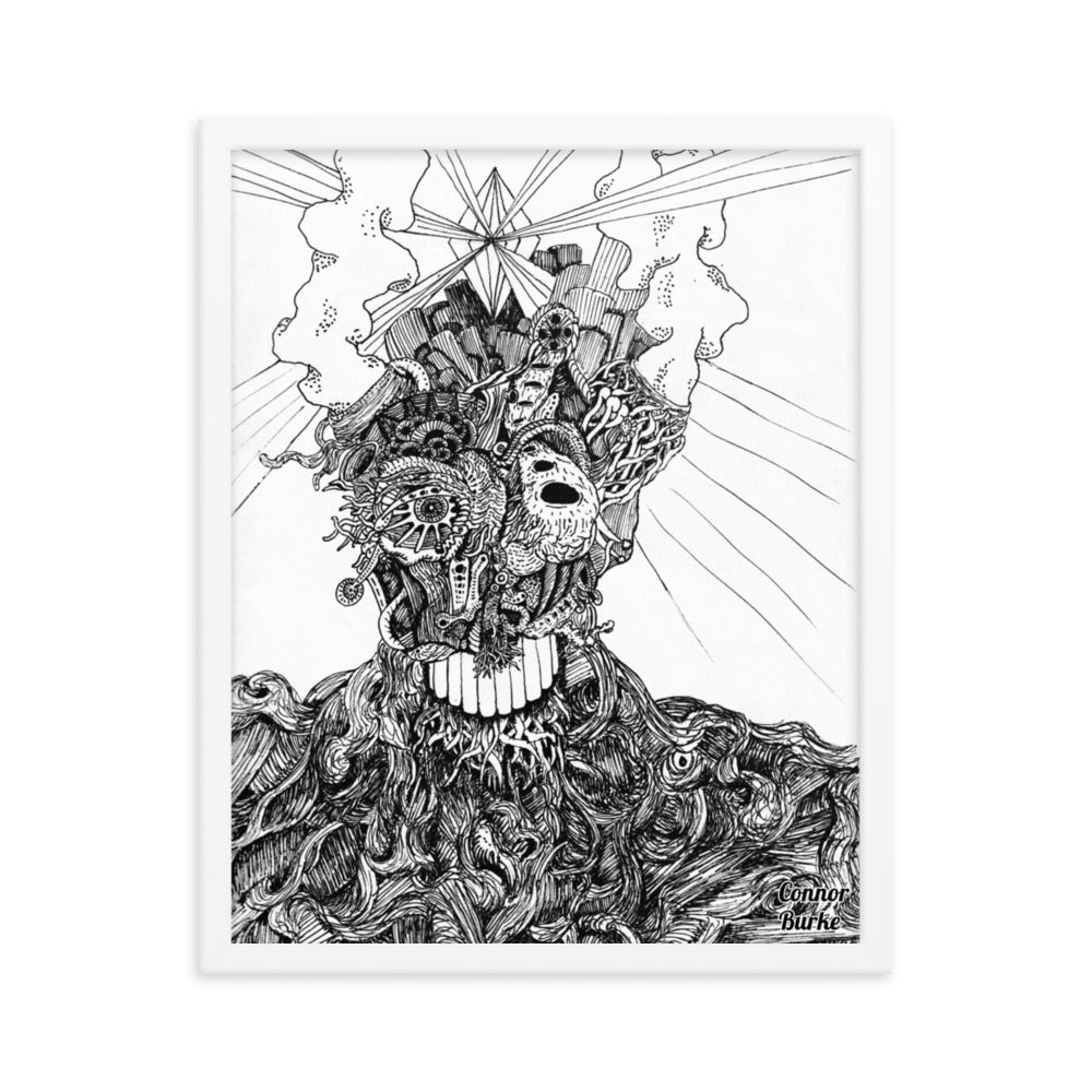 A White framed print of an extremely fine detailed drawing of an alien. Swirls of lines makes the flesh on the chest and shoulders while the face is covered in tendrils or tubes and intricate designs. Smoke belches out of the aliens head and a giant diamond is beaming out light from the centre of the head. His name is BOB