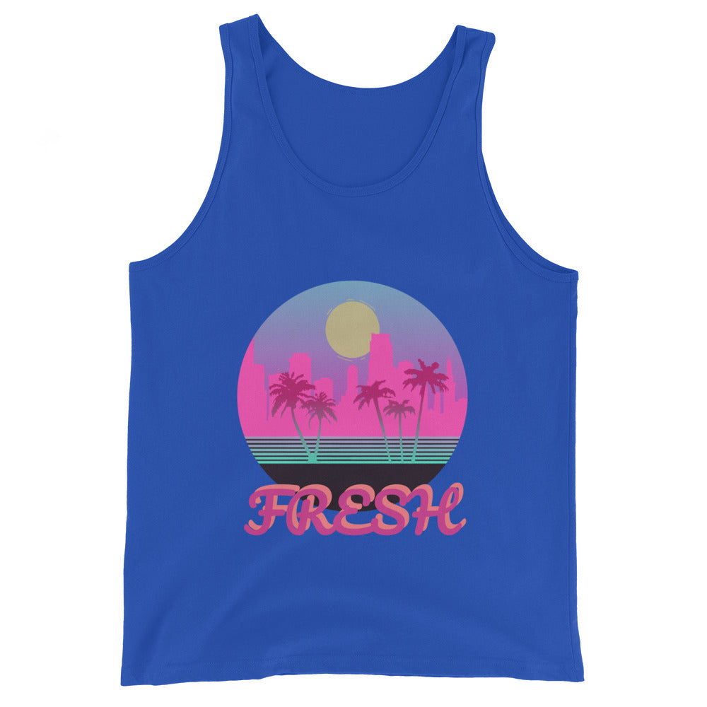 A blue tank top/vest with a logo on the front centre. It is a round logo of the Miami skyline. Palm trees frame the image. Fresh is sprawled across the front bottom of the logo