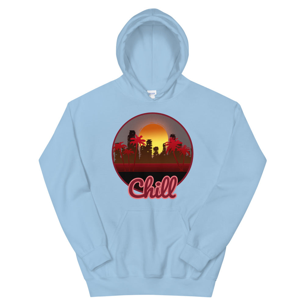 A light blue hoodie with a logo on the front centre. It is a round logo of post apocalyptic Miami. Palm trees frame the image. Chill is sprawled across the front bottom of the logo