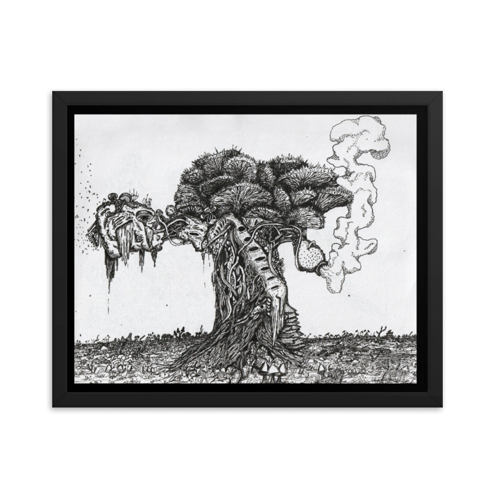 A black framed print of the Tree of life. A giant fungal mass of spores, mushrooms, tendrils, and organic living matter. The ground in the picture is filled with mushroom based flora. The image is very very detailed and is in black and white. Drawn with fineliners.