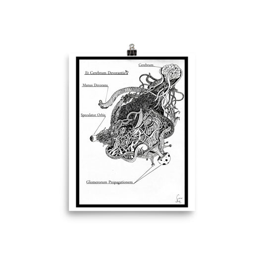 unframed print of an alien parasite. drawn with fineliner and packed with details. It is black and white