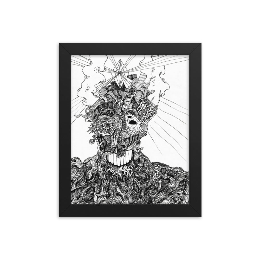 A Black framed print of an extremely fine detailed drawing of an alien. Swirls of lines makes the flesh on the chest and shoulders while the face is covered in tendrils or tubes and intricate designs. Smoke belches out of the aliens head and a giant diamond is beaming out light from the centre of the head. His name is BOB