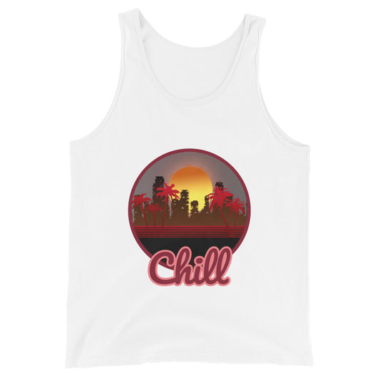 A white vest/tanktop with a logo on the front centre. It is a round logo of Miami. Miami is fully block coloured and the buildings are noticeably derelict. Pam trees frame the image and the sun is a dark orange that bleeds onto a rich mustard behind the destroyed buildings. Chill is sprawled across the front bottom of the logo