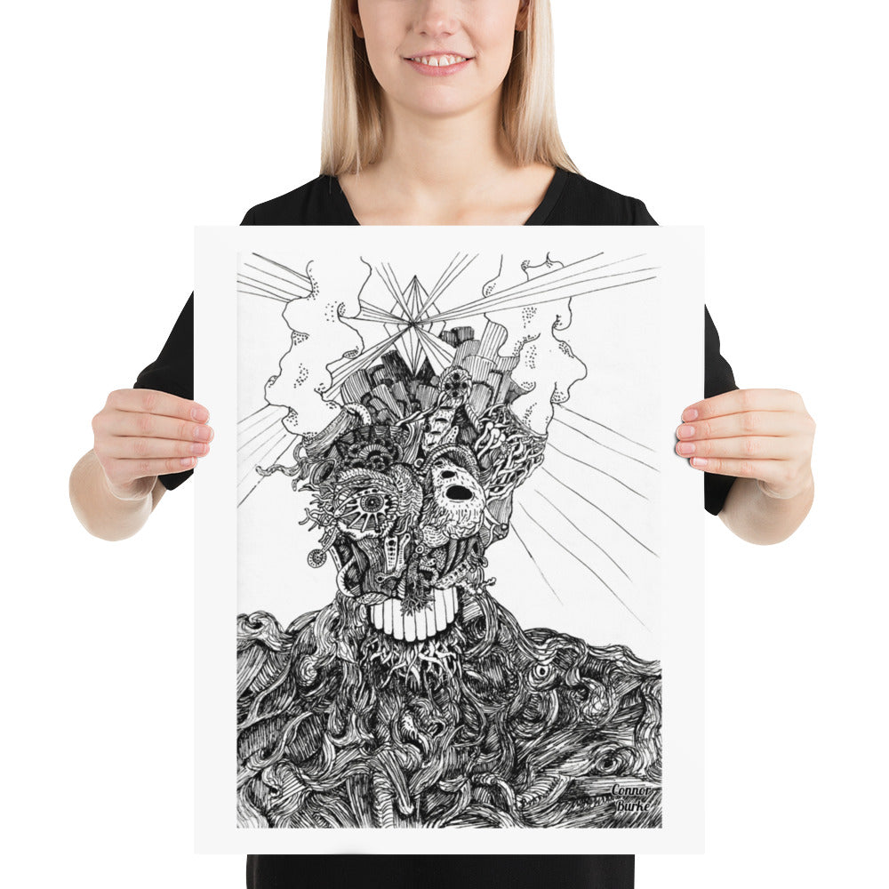 A Black and white print of an extremely fine detailed drawing of an alien. Swirls of lines makes the flesh on the chest and shoulders while the face is covered in tendrils or tubes and intricate designs. Smoke belches out of the aliens head and a giant diamond is beaming out light from the centre of the head. His name is BOB